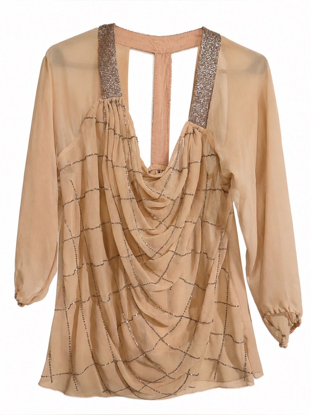 BKE Beige Sequin-Trim Sheer Draped Blouse